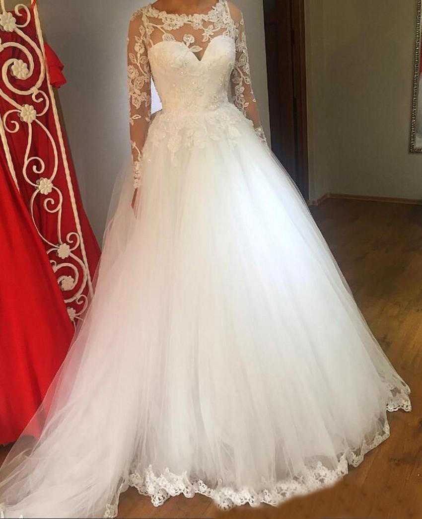 Elegant Long Sleeve Wedding Dress White Tulle Bridal With Lace Appliques Jewel Neck See Though Vintage Bride Gowns For Women