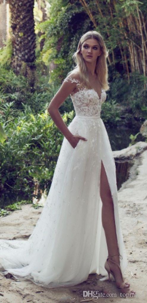 Lace Beach Sexy Boho Dresses Off The Shoulder Side Split Party Bridal Gowns Sweep Train Plus Size Wedding Gowns Custom Made