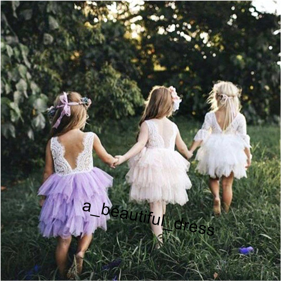 Cheap Lovely Short Flower Girls Dresses Lace Ruffles Tulle Tutu Dress Puffy Little Girls Formal Wedding Party Gowns FG1255