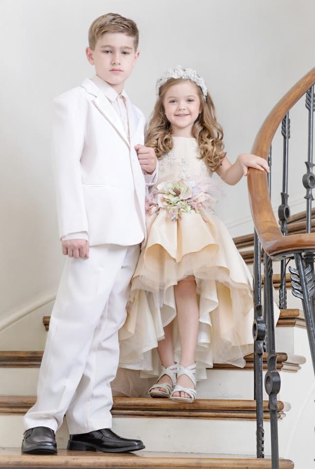 Vintage High Low Flower Girls Dresses For Weddings Pearls A Line Satin Princess Dress For little Girl Sleeveless Champagne Pageant Gowns