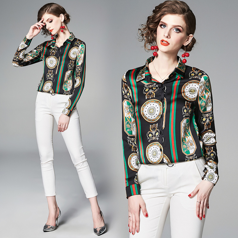2019 Spring Fall Runway Silk Luxury Baroque Print OL Womens Ladies Casual Office Button Front Turn Down Neck Long Sleeve Blouses Shirts Tops, Customize
2019 Spring Fall Runway Silk Luxury Baroque Print OL Womens Ladies Casual Office Button Front Turn Down Neck Long Sleeve Blouses Shirts Tops, Customize