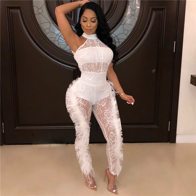 Plus size Women feather sheer white black Jumpsuits fashion mesh bodysuits sexy skinny leggings Casual fashion sleeveless Overalls 2565