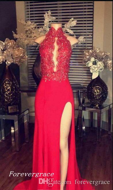 2019 Vintage Lace Appliques Sexy Red Prom Dress High Neck Side Split Pageant Party Gown Custom Made Plus Size