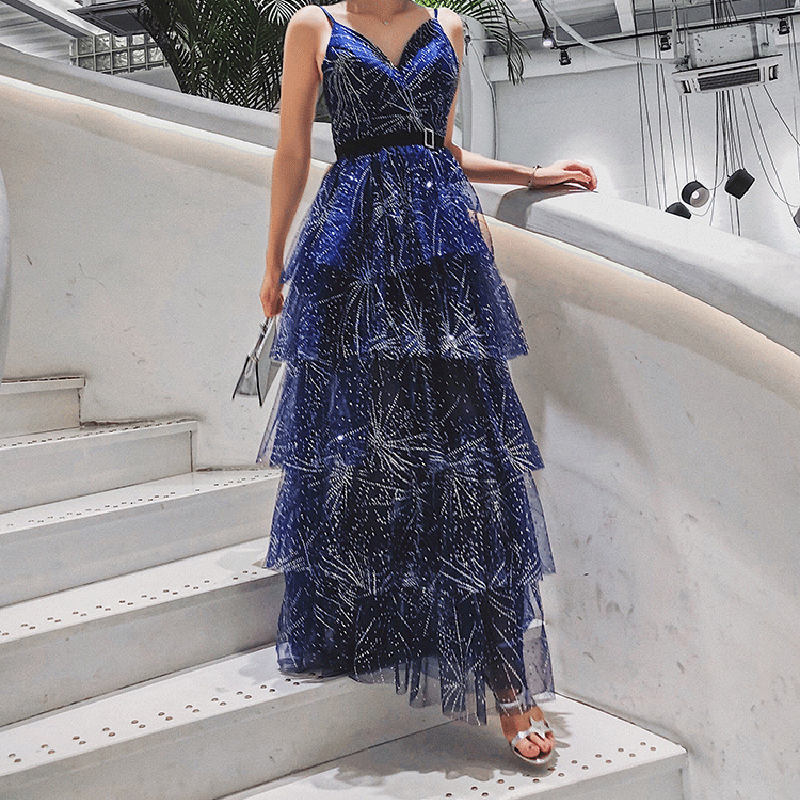 Sexy Backless Royal Blue Prom Dress Layers Tulle Spaghetti Long Prom Dresses