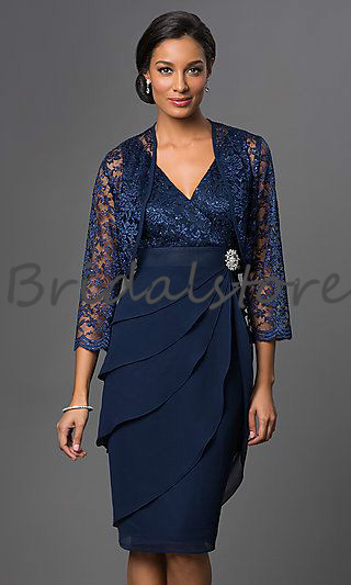 Bohemian Two Piece Mother Of The Bride Dresses Knee Length Chiffon Ruffles Evening Gowns With Boleros Jackets Cheap Groom Mother Outfit Suit