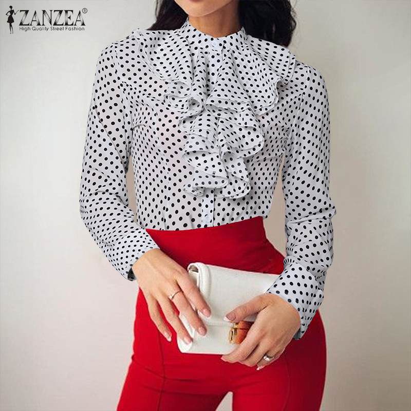 Women's Blouses & Shirts 2021 Spring Polka Dots Printed Blouse ZANZEA Elegant Bow Tie Women Casual Long Sleeve Blusas Female Tunic Tops Chem