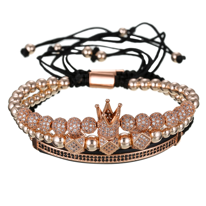 3Pcs/Set Couple CZ Crown Bracelet Sets For Men Gold Pave Cubic Micro Charm Women Braided Bracelet Sets Pulseira Bileklik
