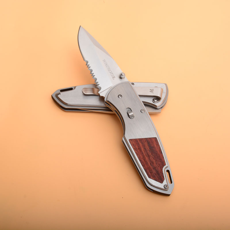 High Quality Survival Folder Knife 440C Half Serrated Satin Blade Wood + Steel Handle EDC Pocket Folding Knives