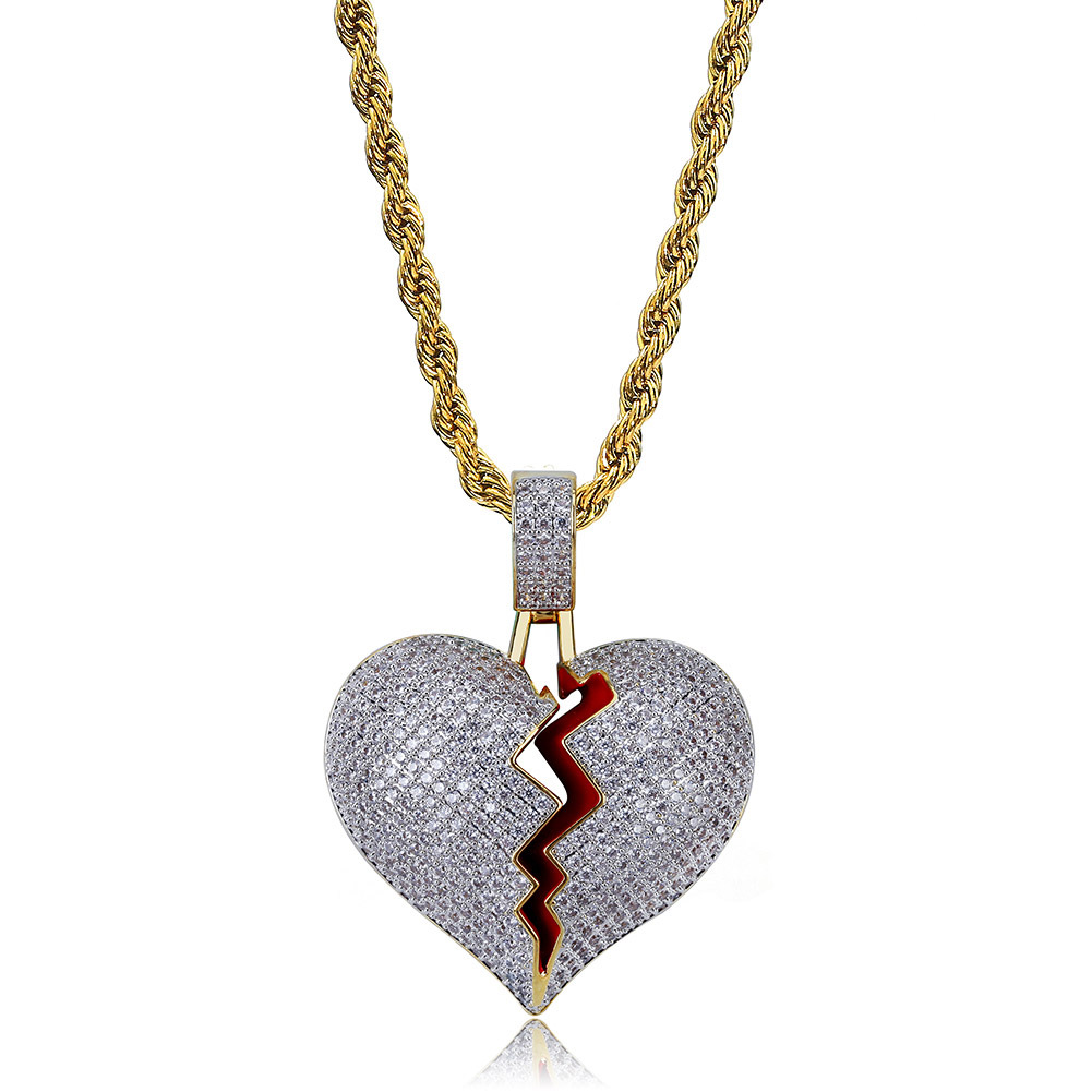 Personalized 18K Gold White Gold Plated Fully Iced Out Broken Heart Pendant Necklace CZ Cubic Zircon Diamond Hip Hop Jewelry Gift for Couple