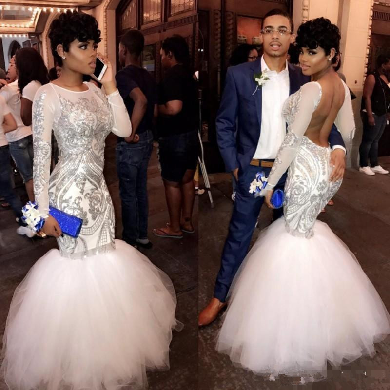 Long Sleeve Mermaid Evening Pageant Dresses 2019 Jewel Neck Silver Lace Applique Backless Arabic African Trumpet Occasion Prom Wear Gowns