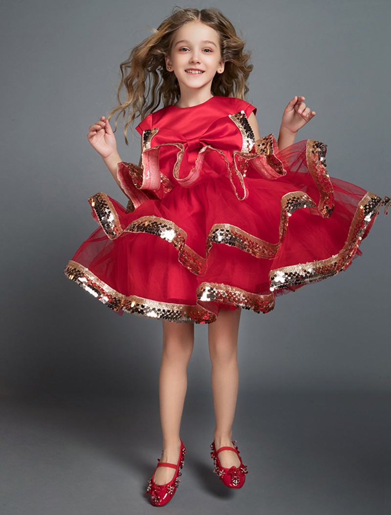 Shiny Sequins Flower Girls Dresses Red Tulle Tiered TuTu Girls Pageant Gowns Cute Puffy Prom Wedding Dresses