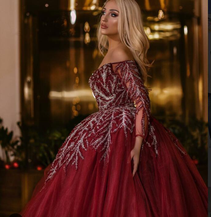 2019 Arabic Prom Dresses Ball Gown Off The Shoulder Lace Beads Tulle Appliques Sweep Train Luxury Evening Dress Formal Party Gowns Custom