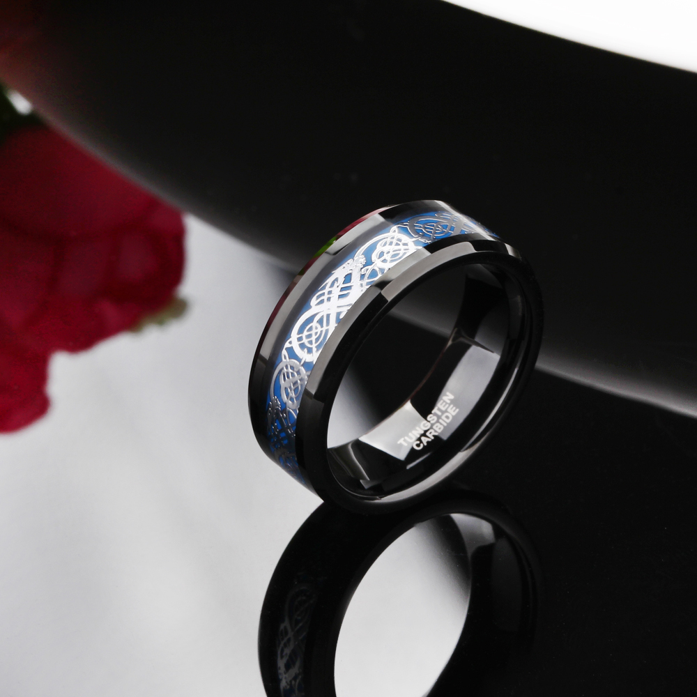 Somen Ring Men 8mm Black Tungsten Ring Celtic Dragon Inlay Polished Male Engagement Rings Cool Jewelry Friend Gifts Anel Hombre D19011502
