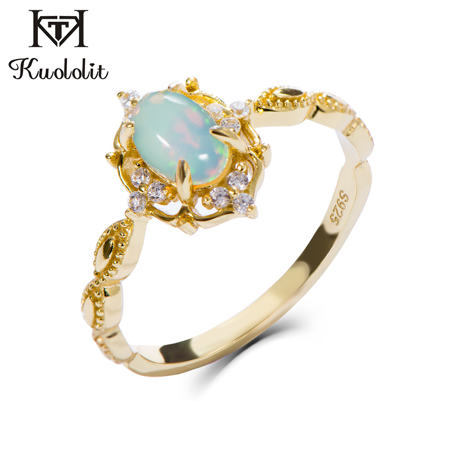 Kuololit Natural Opal Gemstone Rings For Women 925 Sterling Silver Fire Stone Yellow Color Ring Wedding Engagement Fine Jewelry Y19051602