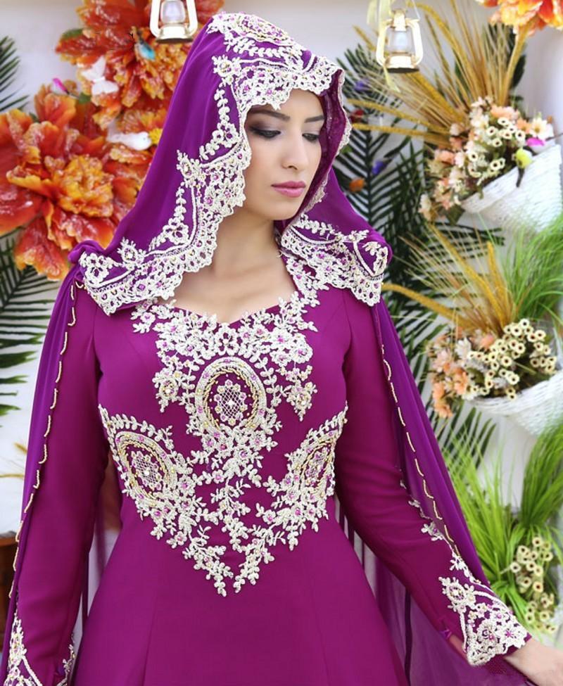 Vintage Muslim Evening Dresses With Appliqued V Neck Chiffon Sweep Train Long Sleeve Formal Party Gowns Custom Made Prom Dress Plus Size