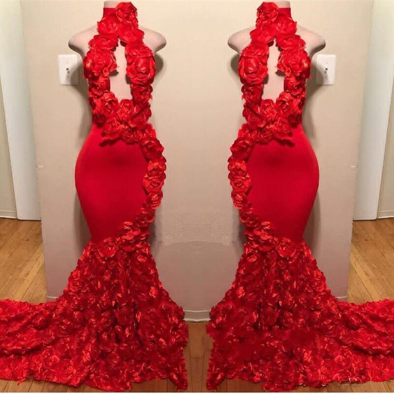 2019 Red Mermaid Prom Dresses High Neck Keyhole Flowers Ruffles Rose Evening Gowns Plus Size Party Dress Cooktail Pageant Gown