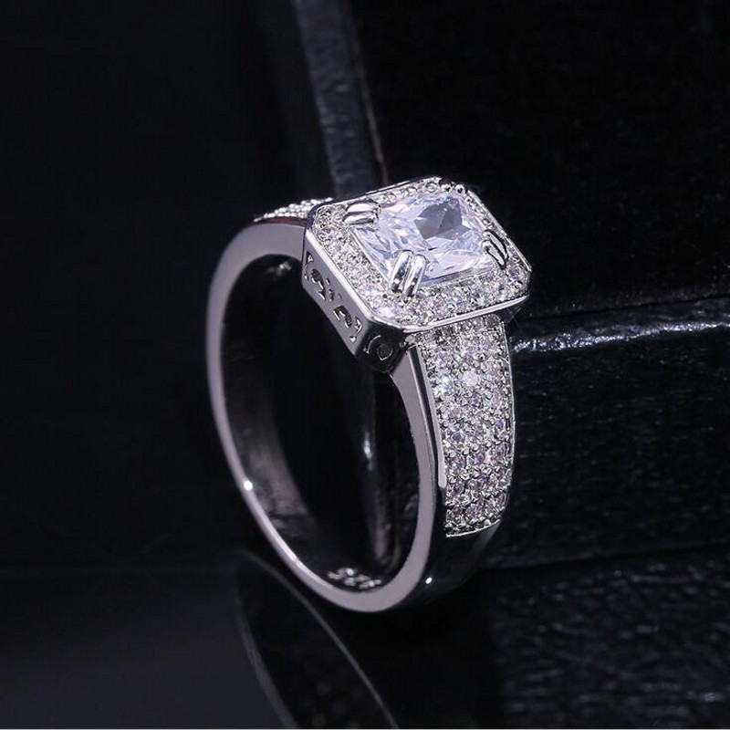 Sterg Sier Princess White Topaz Ring: Sparkg Pave CZ Dia Wedding Band