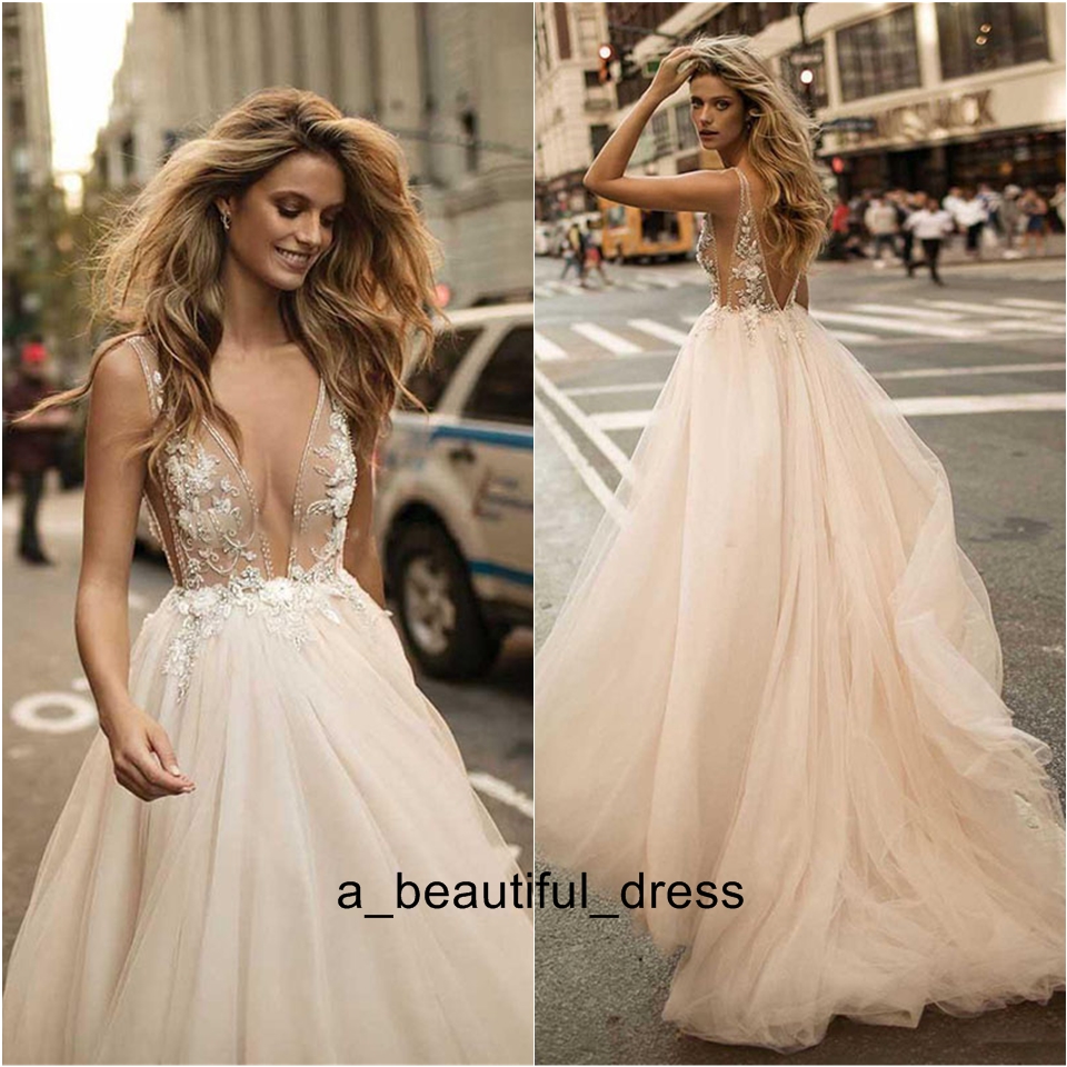 Beach Wedding Dress Sexy Backless Deep v neck Bridal Gowns Summer Boho champagne Wedding Dress robe de soiree
