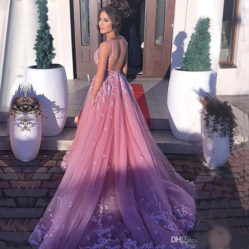 Sexy Straps Long Prom Dresses A Line 2020 Lace Applique Illusion See Through Backless Dusty Evening Gowns Arabic Women Formal Event Wear