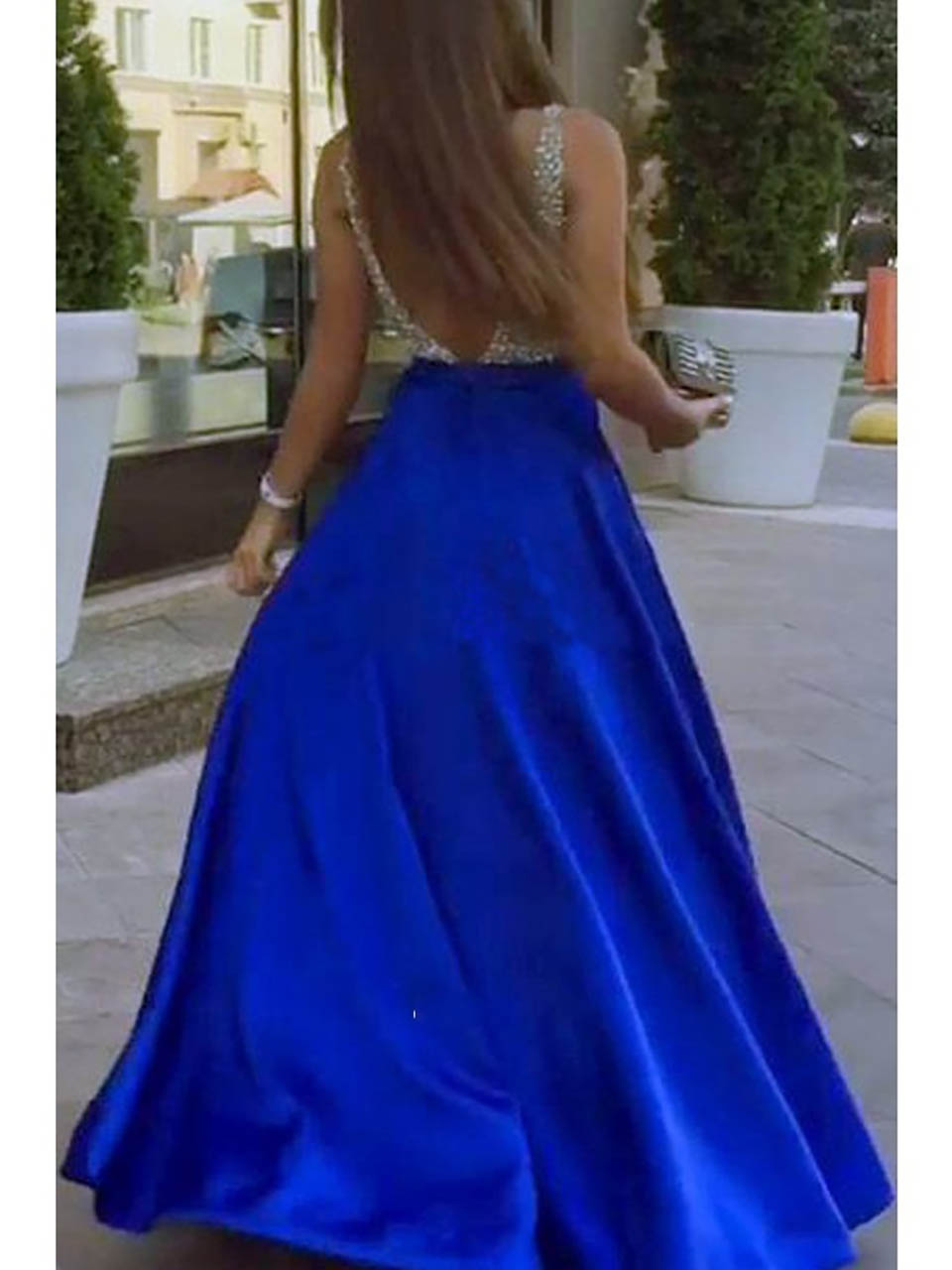 V-Neck Beads Bodice Open Back A Line Long Evening Dress Party Elegant Vestido De Festa Fast Shipping Prom Gowns