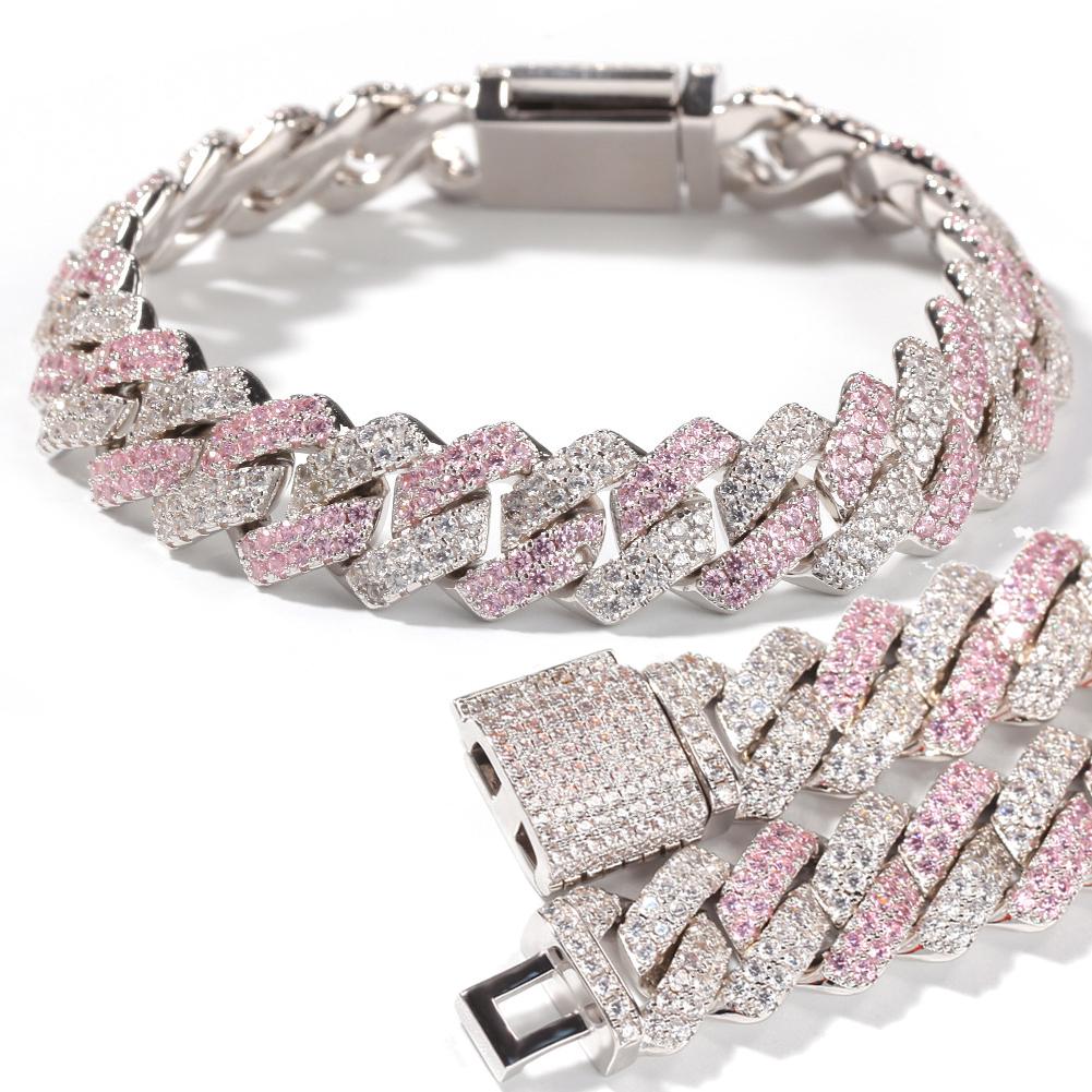 New 13mm 20mm Bling Pink Diamond Mens Cuban Link Chain Bracelets Cubic Zirconia Bangle Wristband Hip Hop Jewelry Masculina Bijoux for Men