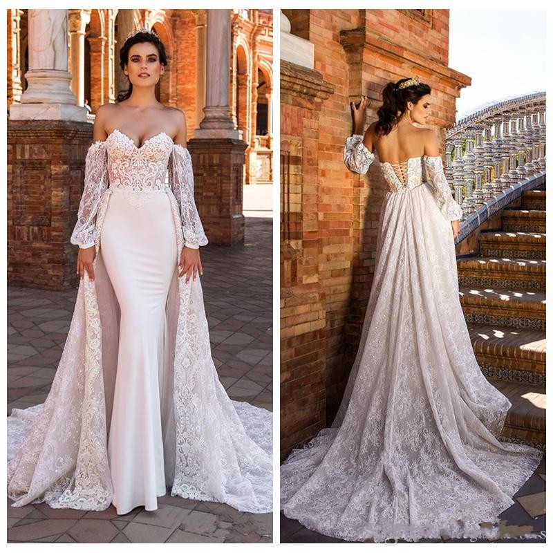 2020 Sexy Lace Off the Shoulder Long Sleeves Mermaid Wedding Dresses Detachable Train Lace-up Back Court Train Bridal Gowns, Champagne
2020 Sexy Lace Off the Shoulder Long Sleeves Mermaid Wedding Dresses Detachable Train Lace-up Back Court Train Bridal Gowns, Champagne