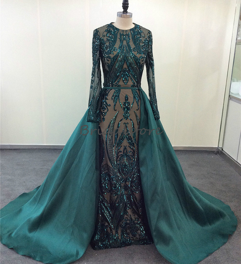 New Green Sequin Mermaid Prom Dresses With Detachable Train Long Sleeve African Formal Evening Party Gowns Elegant Robes De Soirée 2020