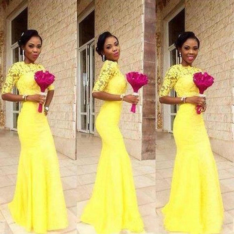 Spring 2019 Yellow Bridesmaid Dresses Long Jewel Neck Mermaid Floor Length Half Length Sleeves Lace and Chiffon Maid of Honor Dresses Party
