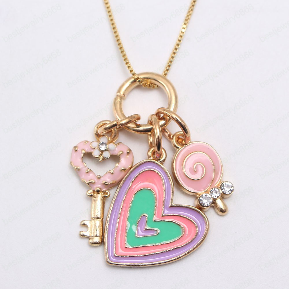 Fashion Design Kids Girls Heart Flower Key Pendants Necklace Baby Child Charming Chain Necklace Jewelry Accessories New