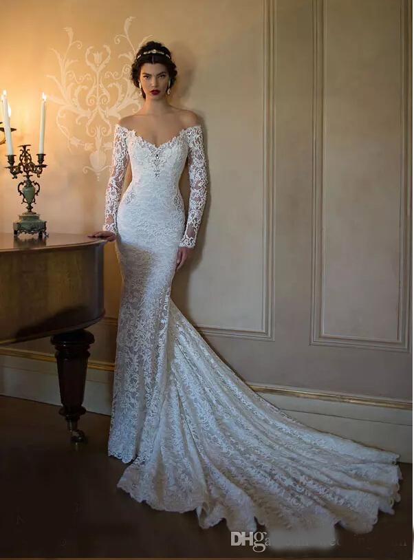 Berta Full Lace Backless Wedding Dresses Mermaid Off The Shoulder Long Sleeves Wedding Gowns Chapel Train Beaded Trumpet Bridal Gown 2020
