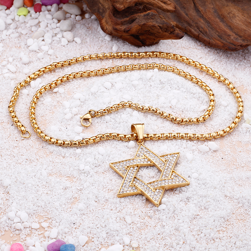 Men Hip Hop Six-star Pendants Necklace 316L Stainless Steel Full Cubic Zirconia Setting 18K Gold Plated Jewelry