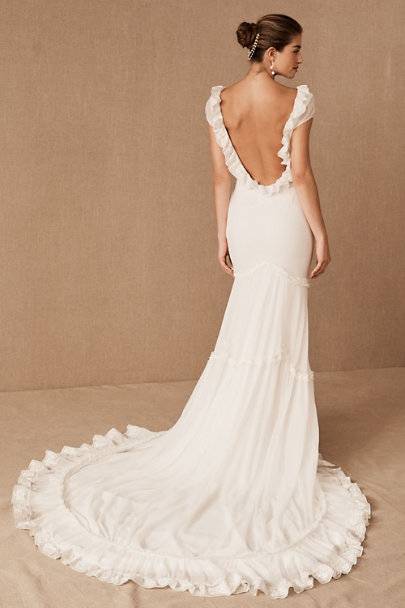 BHLDN Mermaid Wedding Dresses V Neck Ruffles Sweep Train Cap Sleeve Backless Bridal Gowns Custom Made Plus Size Vestidos De Novia