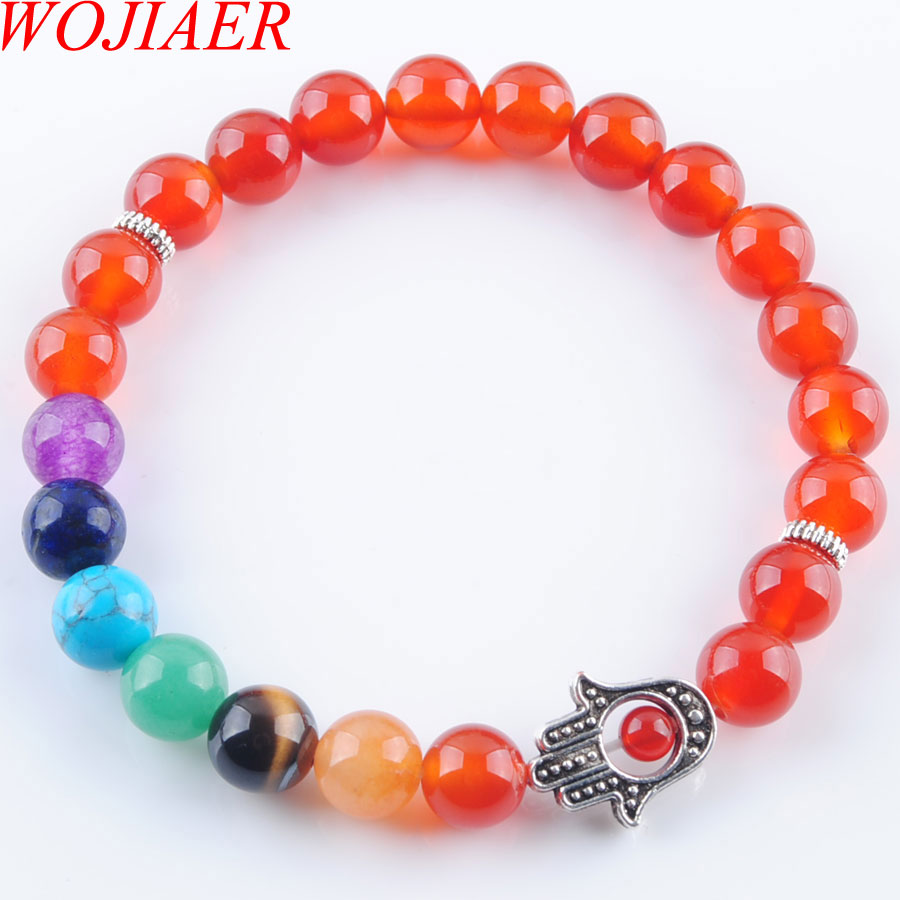WOJIAER 8mm Natural Stone Round Beads Palm Bracelets Strands 7 Chakra Healing Mala Meditation Prayer Yoga Women Jewelry BK328