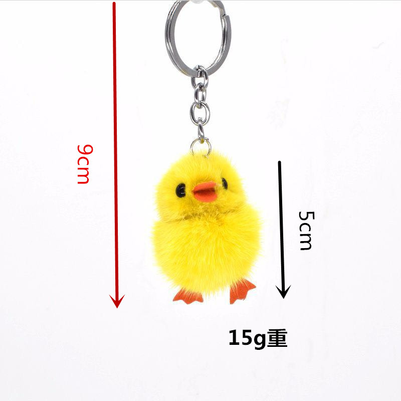 Cute little yellow chicken soft real mink fur key chain bag pendant accessories yellow duck hanging car ornament