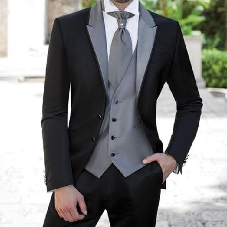 Silver Gray Wedding Tuxedos Handsome Peaked Lapel Men Pant Suits Formal Slim Fit Two Button Groom Wear (Jacket+Vest+Pants)