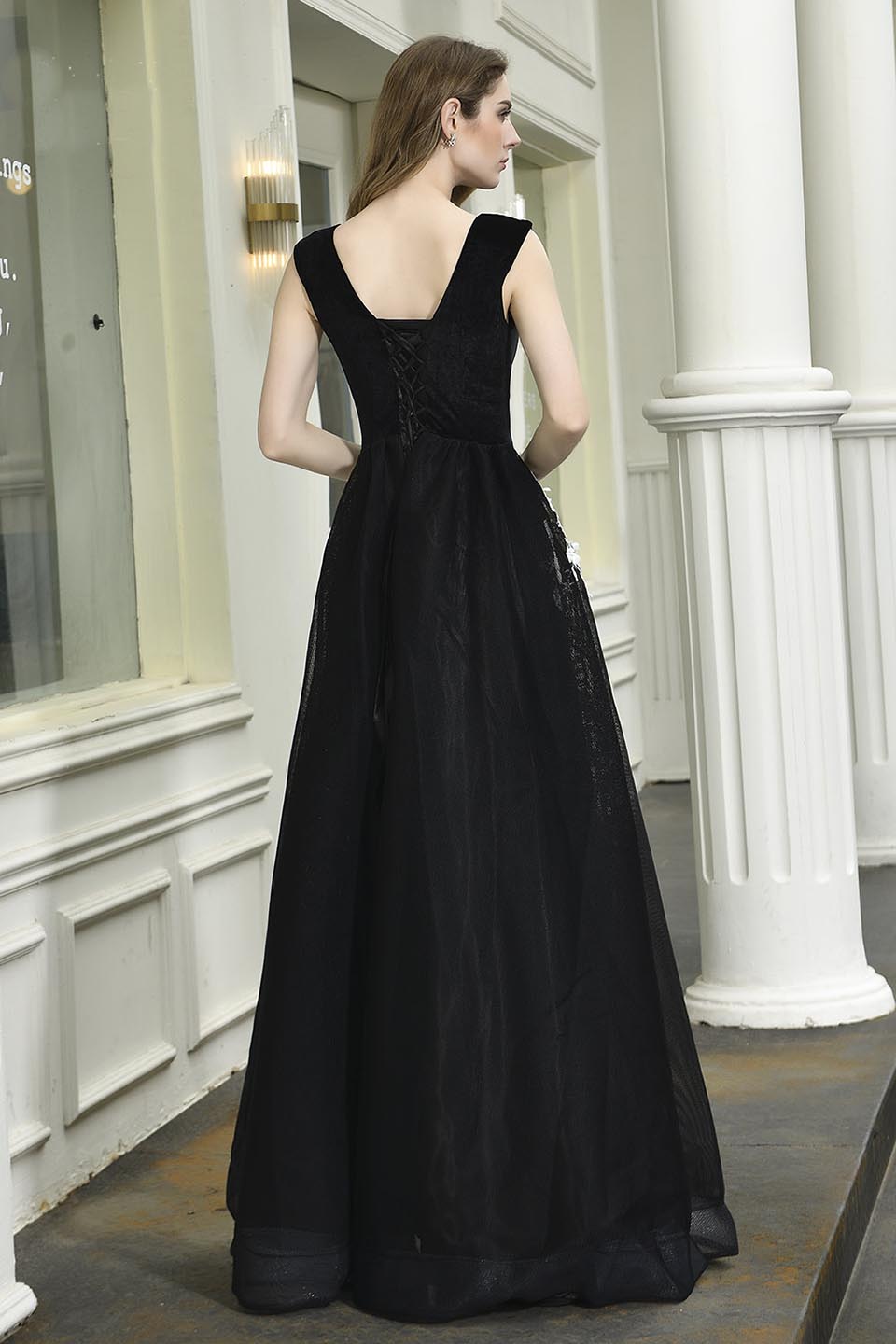 Black Long Evening Dresses V-Neck Zipper Gown Formal Dresses Appliques Real Photos Vestidos Elegantes Vestidos De Noche