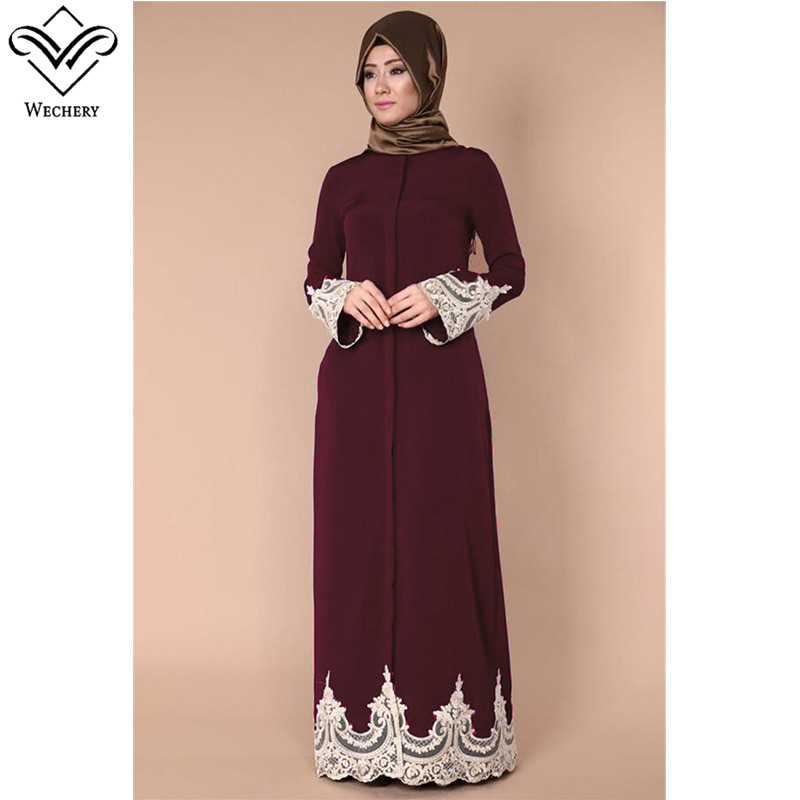 Wholesale-Wechery Lace Muslim Dress Floral Abayas for Women Elegant Long Soft Turkish Islamic Robes Women's Clothing Prayer Garments