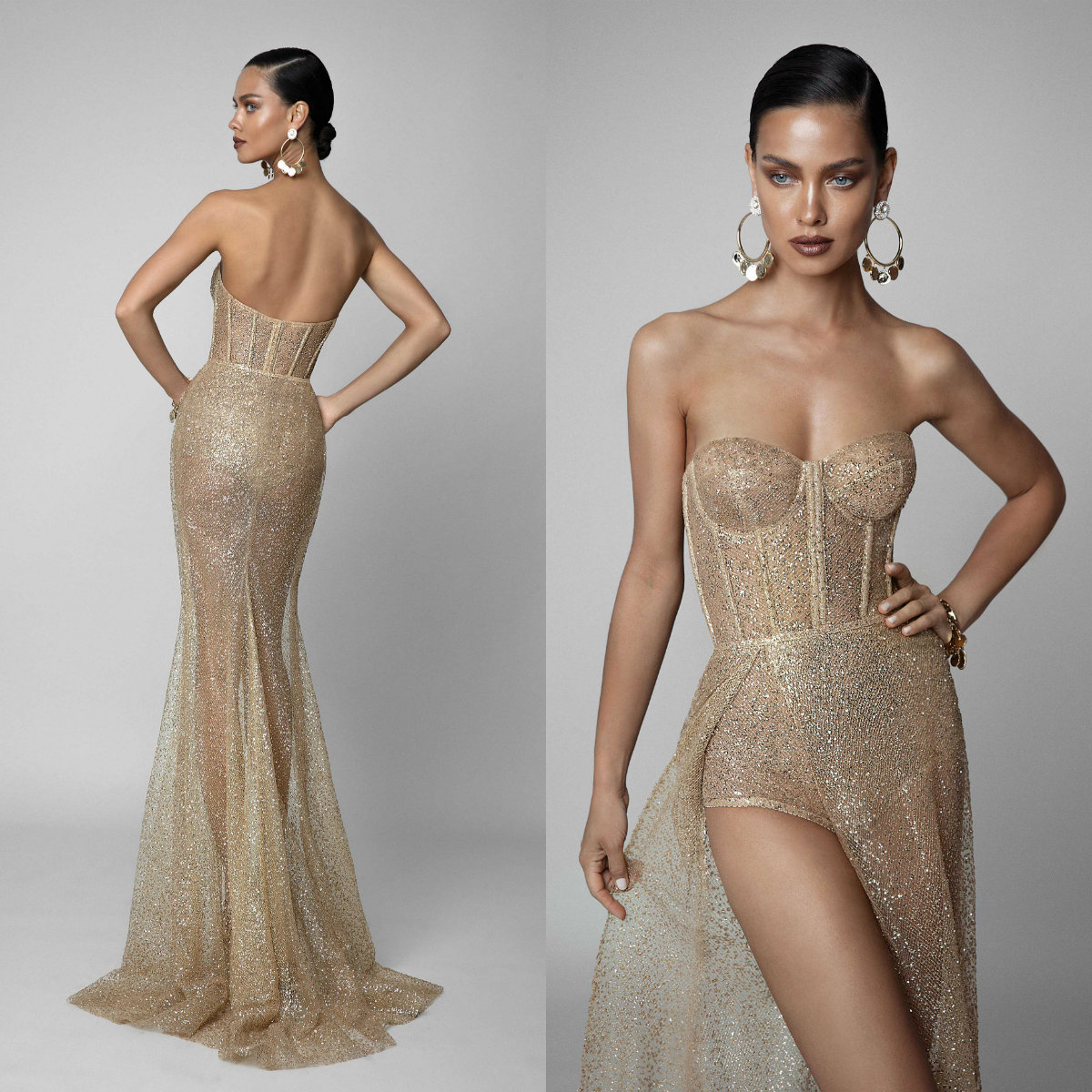 Berta 2019 Luxury Gold Prom Dresses Sexy Illusion Sequins Side Split Evening Dresses Bling Bling Party Gowns Custom Made