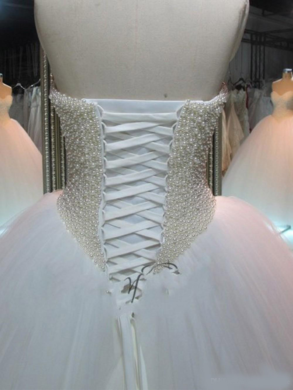 Newest Fashion Sweetheart Neck Tulle Wedding Dresses Lace up Back Beaded Beach Bridal Wedding Gowns Vestido de Noiva Bride Dresses