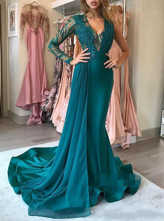 Sexy V Neck Mermaid Prom Dresses One Long Sleeves Satin Tulle Appliques Ruffles Sweep Train Evening Dresses