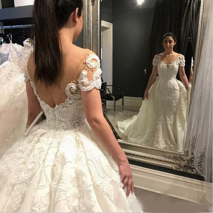 2020 Lace Mermaid Wedding Dresses with Detachable Train Short Sleeve Beads Appliques Backless Bridal Gowns Vestidos De Novia