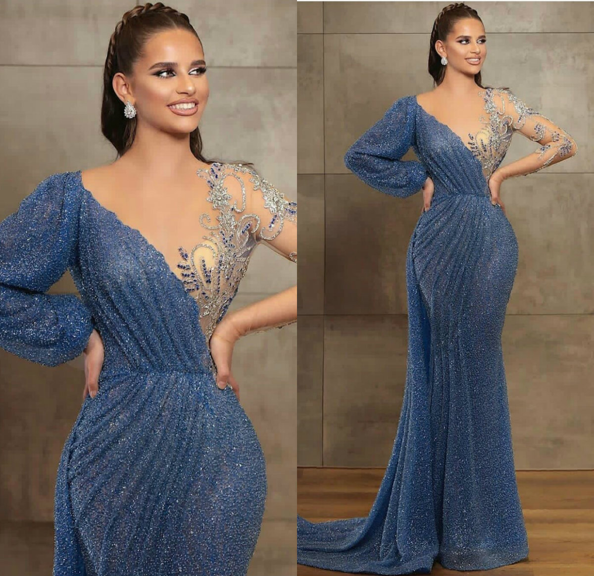 

Blue Evening Gowns Sheer Jewel Neck Beaded Lace Long Sleeve Mermaid Prom Dress Sweep Train Custom Made Illusion Robes De Soirée