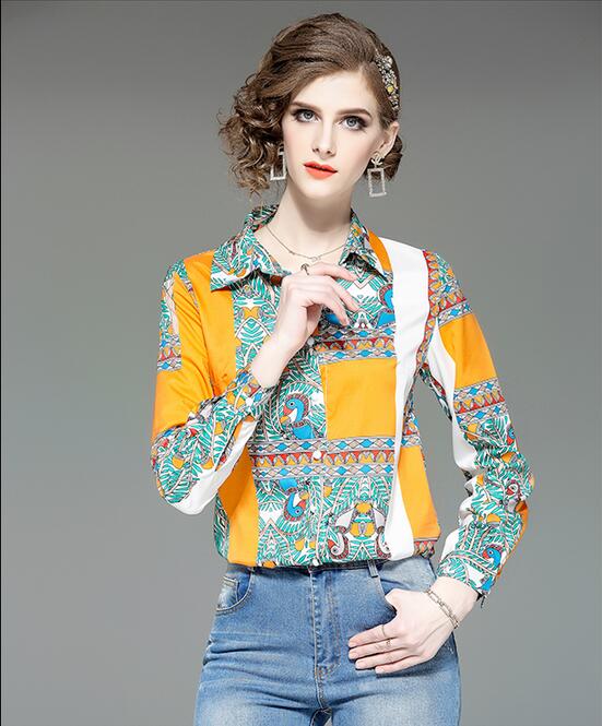 designer orange flora bird printed long sleeve women shirts spring summer shirts lapel neck fashion ladies shirts, Multi
designer orange flora bird printed long sleeve women shirts spring summer shirts lapel neck fashion ladies shirts, Multi