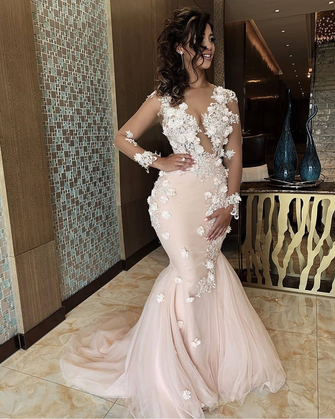 aso ebi arabic pink lace beaded bridesmaid dresses mermaid sheer neck guests dresses cheap formal party evening prom gowns zj334