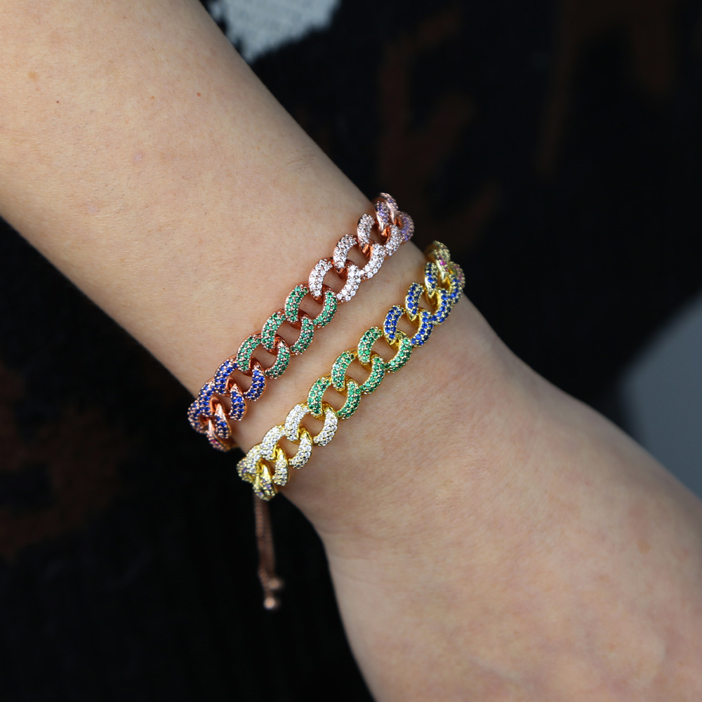 Adjust slider box chain gold rose gold 2 color micro pave rainbow cz Miami cuban link chain women bracelet fashion