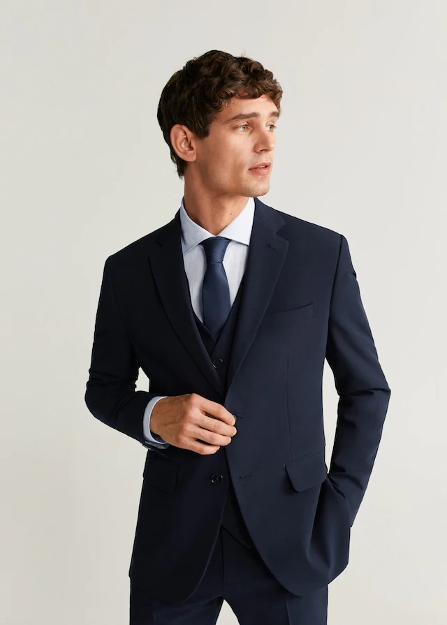 Navy Blue Three Pieces Slim Fit Mens Suits Wedding Grooms Tuxedos Notched Lapel Formal Blazer Prom Suit Jacket Vest And Pants