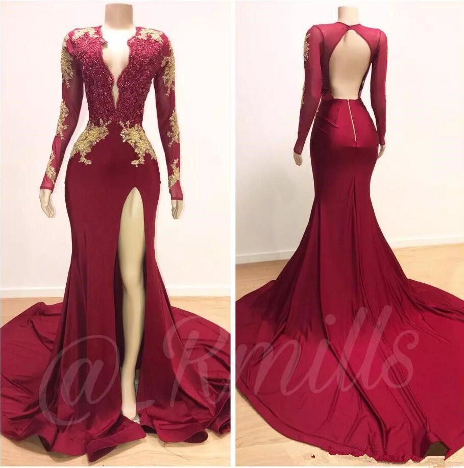 Burgundy Split SIde High Prom Dresses 2019 Deep V Neck Sheer Long Sleeve with Gold 3D Floral Flower Mermaid Evening Gowns