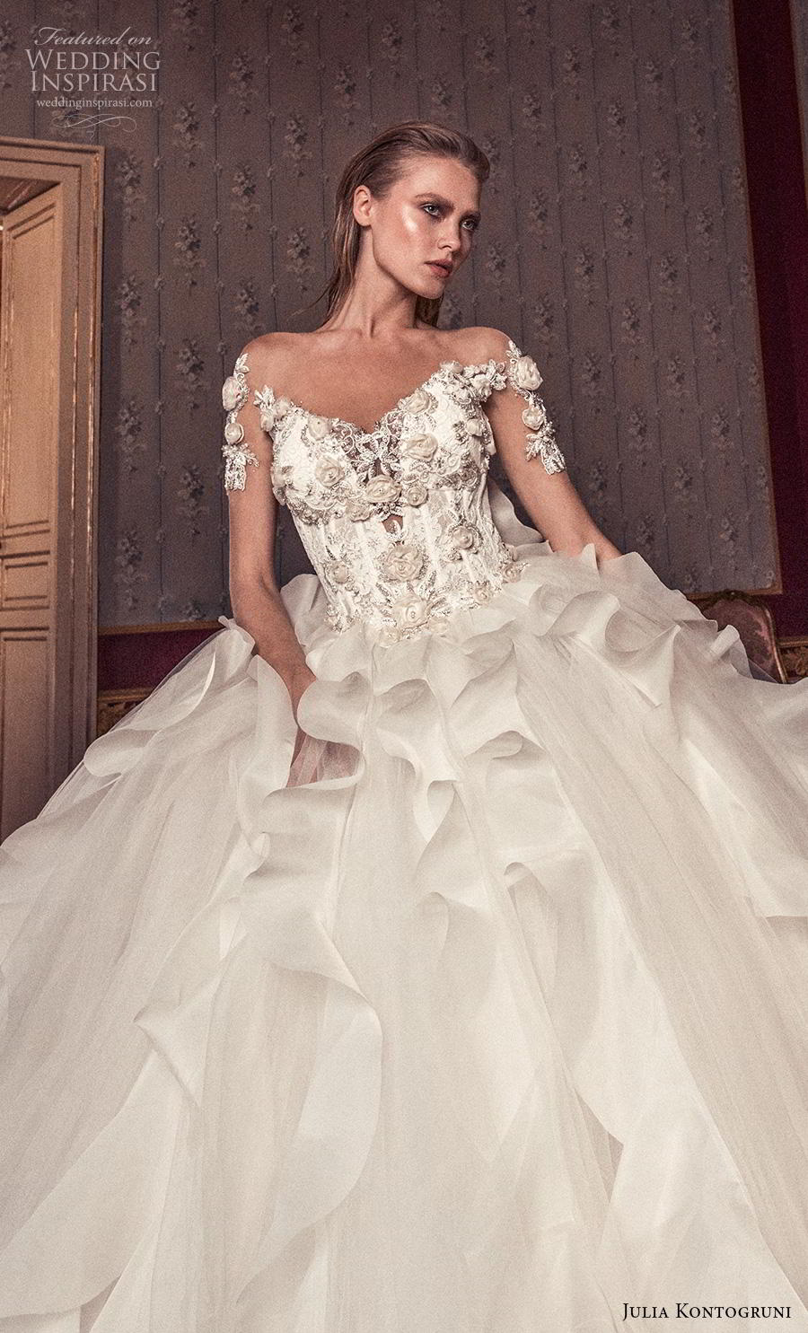 Julia Kontogruni Vintage 2019 Wedding Dresses Long Sleeve Lace Appliques Beads Ruffles Backless Chapel Train Bridal Gowns robe de mariée