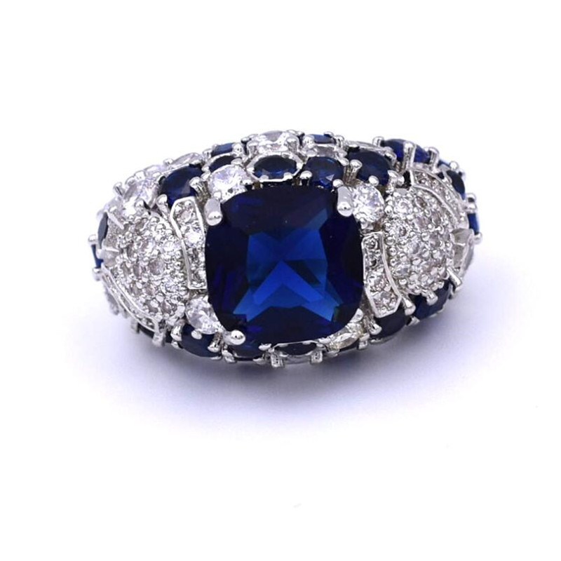 Sterg Sier Cushion Shape Blue Sapphire CZ Dia Gemstones Women's Wedding Band Ring
