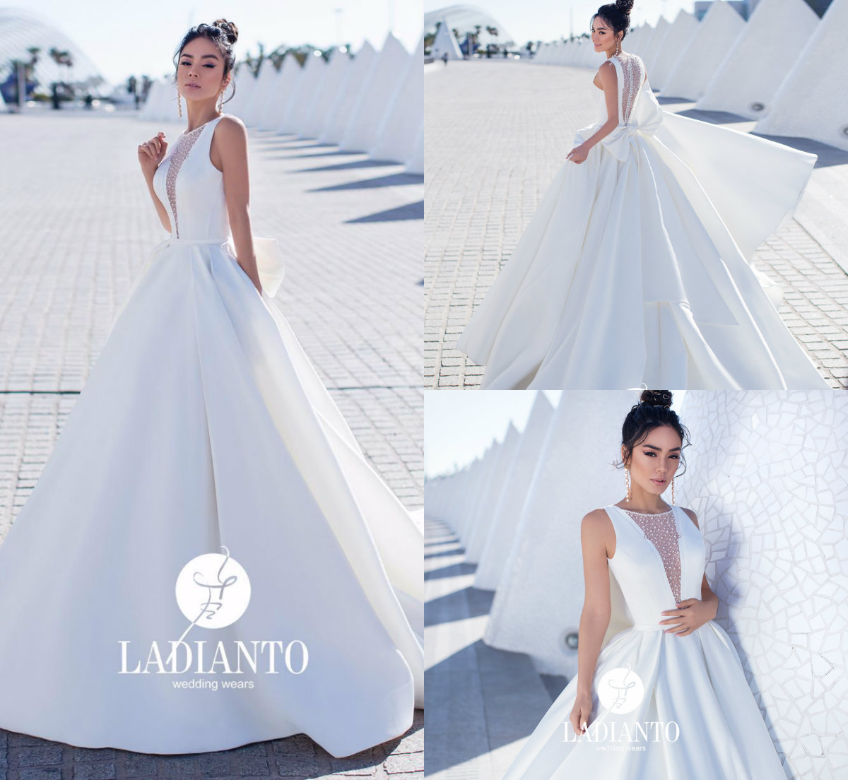 2019 Elegant Satin Wedding Dresses A Line Sweep Train Jewel Neck Tulle Bow Beach Wedding Dress Custom Plus Size Boho Bridal Gowns